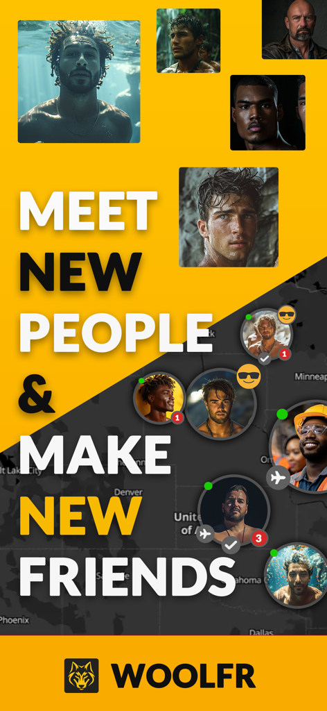 WOOLFR Gay Dating, Chat, Meet - Bannière promotionnelle pour l'application de rencontres gay WOOLFR montrant des photos de profils d'hommes sur une carte avec le texte Rencontrez de Nouvelles Personnes et Faites de Nouvelles Amis
