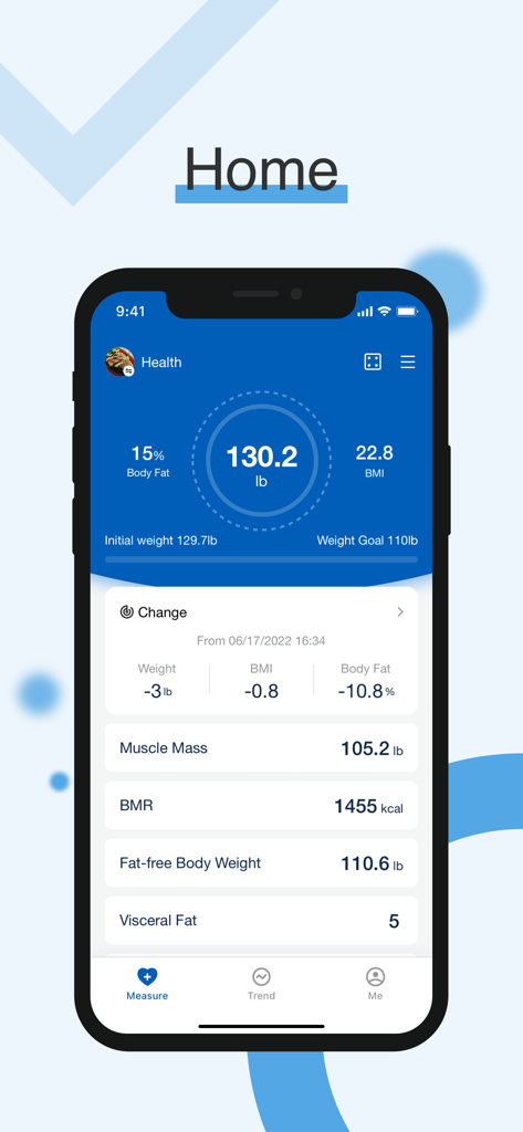 Fit Profile-GE branded scales - 体重やBMIなどの包括的な体組成データが表示されたフィットプロファイルアプリのホーム画面を示すスマートフォン。