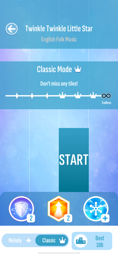 Piano Tiles 2 game screen showing Classic Mode for Twinkle Twinkle Little Star song with a start button and power ups