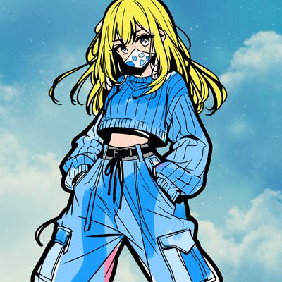 anime teen girl with baggy pants and crop top with sweater