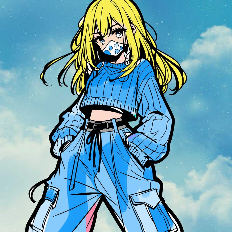 anime teen girl with baggy pants and crop top with sweater