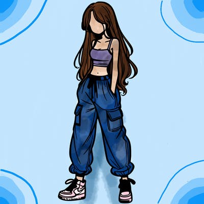 girl in baggy pants crop top and long hair