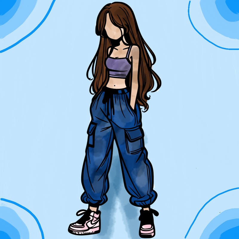 girl in baggy pants crop top and long hair