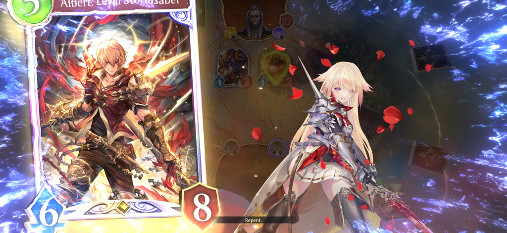 An anime style card battle in Shadowverse Worlds Beyond featuring Albert Levin Stormsaber and a knight character.