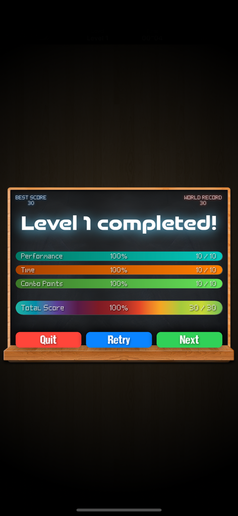 Level 1 completed screen showing scores and performance statistics on a chalkboard interface
