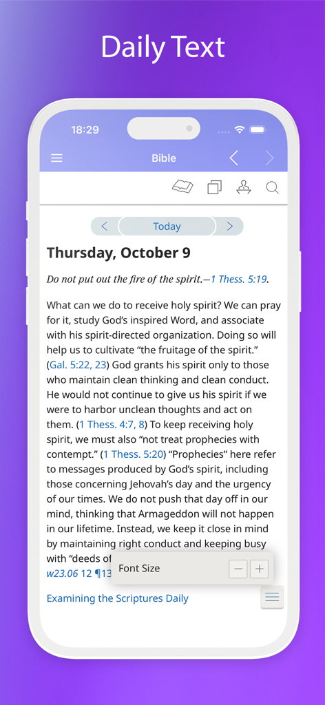 Library Online 2026 - Library Online 2026 app showing the Daily Text feature with religious scripture and commentary