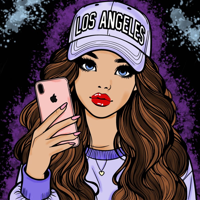 realistic beautiful girl wearing los ángeles cap holding an iphone