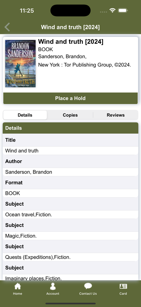 Libraries Online - Pantalla de la aplicación Bibliotecas en Línea mostrando los detalles de un libro con un botón para hacer una reserva.