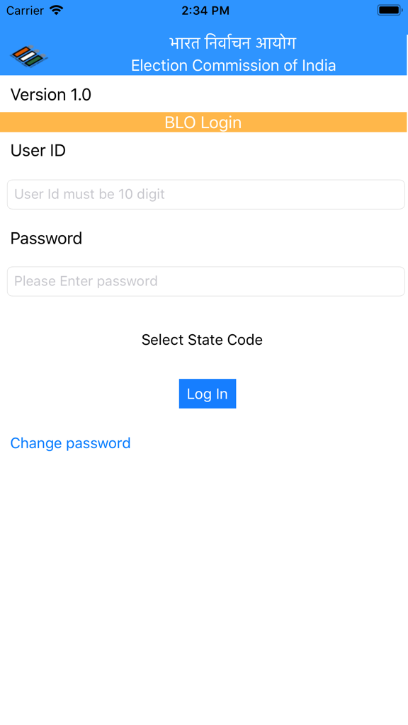 Tela de login do aplicativo BLO Register para a Comissão Eleitoral da Índia, mostrando campos de ID de usuário e senha