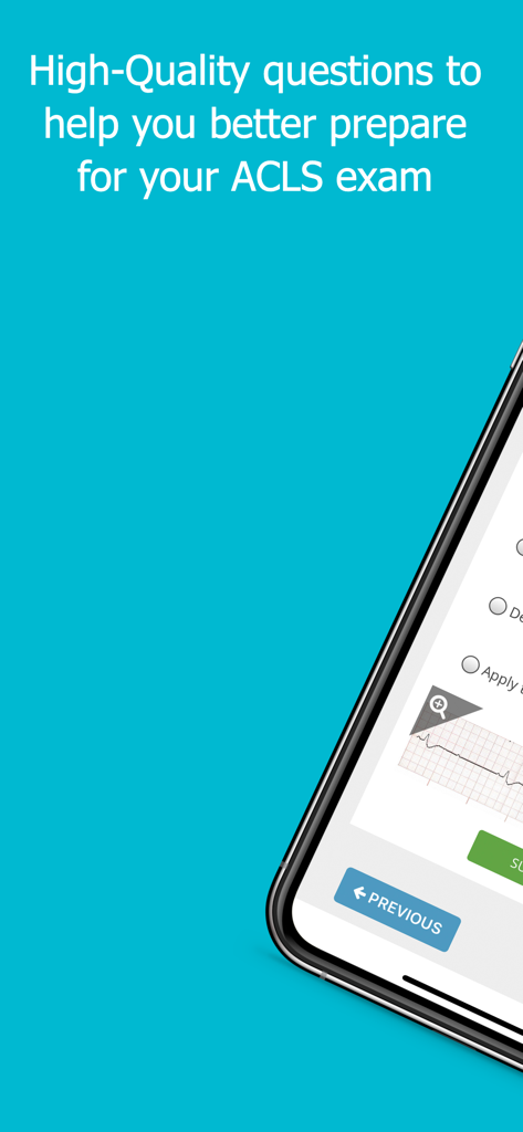 Pantalla de smartphone que muestra preguntas de práctica de examen de ACLS con una tira de ECG y opciones de respuesta múltiple.