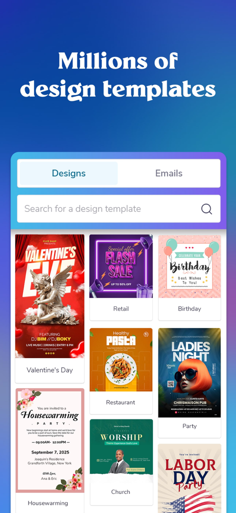 Interfaz de la aplicación PosterMyWall que muestra una variedad de plantillas de diseño para marketing y eventos