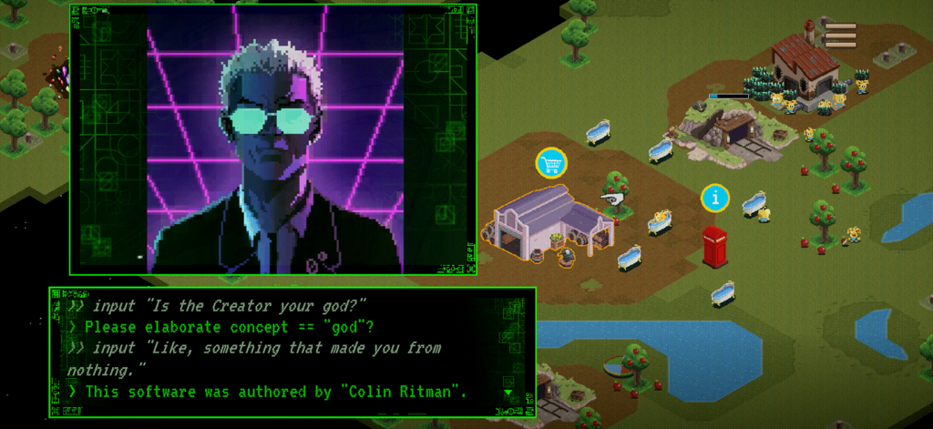 Black Mirror: Thronglets - Jugabilidad isométrica de pixel art de Black Mirror Thronglets que muestra un diálogo de personaje con Colin Ritman y un mundo virtual con pequeñas criaturas.