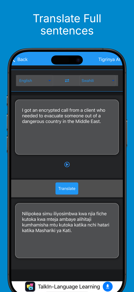 Tigrinya AI: Tigrinya AI Chat - A smartphone screenshot showing the Tigrinya AI app translating a full English sentence into Swahili with a blue Translate button.