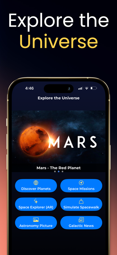 Space Explorer:Astronomy Guide - Space Explorer app interface showing the main menu with a picture of Mars and navigation buttons