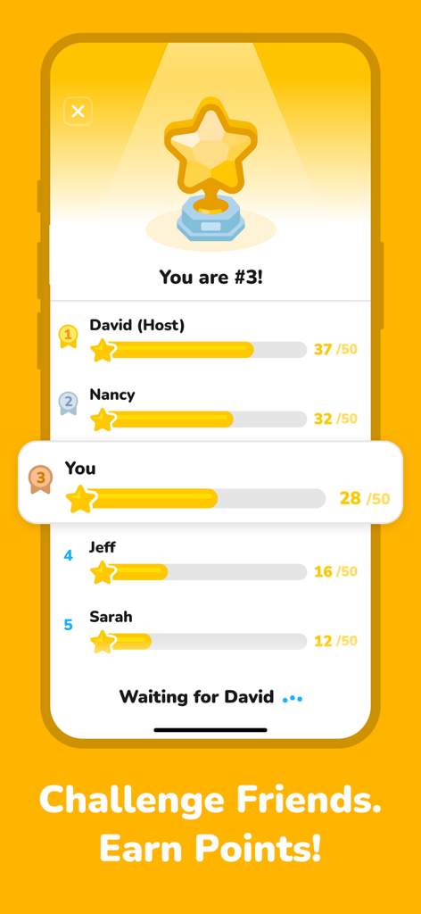 Charades - Explosive Seconds - Leaderboard screen showing player rankings and scores in a group charades game