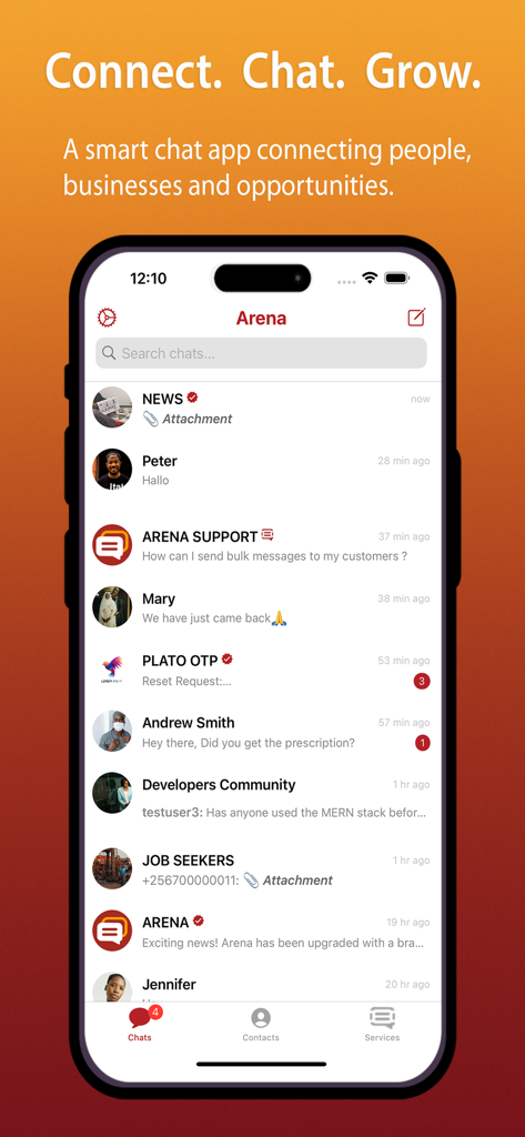 Arena Chat - Arena Chat app interface showing a secure messaging inbox with verified contacts and business services