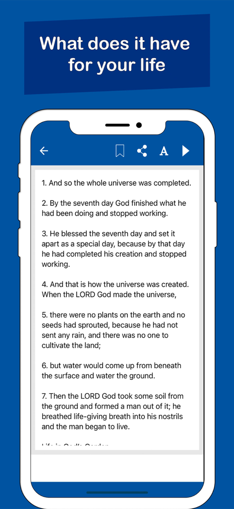Interfaz de aplicación móvil que muestra versículos numerados de la Biblia en Buenas Nuevas con opciones de marcar y compartir.