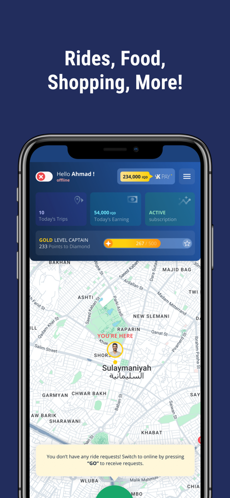 Yalla SK Captain - Yalla SK Captain app dashboard for drivers showing daily earnings and a map of Slemani.