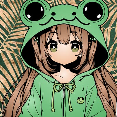 an anime girl wearing a frog hoodie