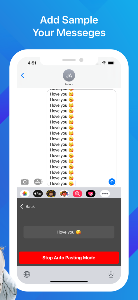 Auto Keyboard Paste Text Copy - Mobile interface showing auto paste keyboard sending repeated text messages in a chat app
