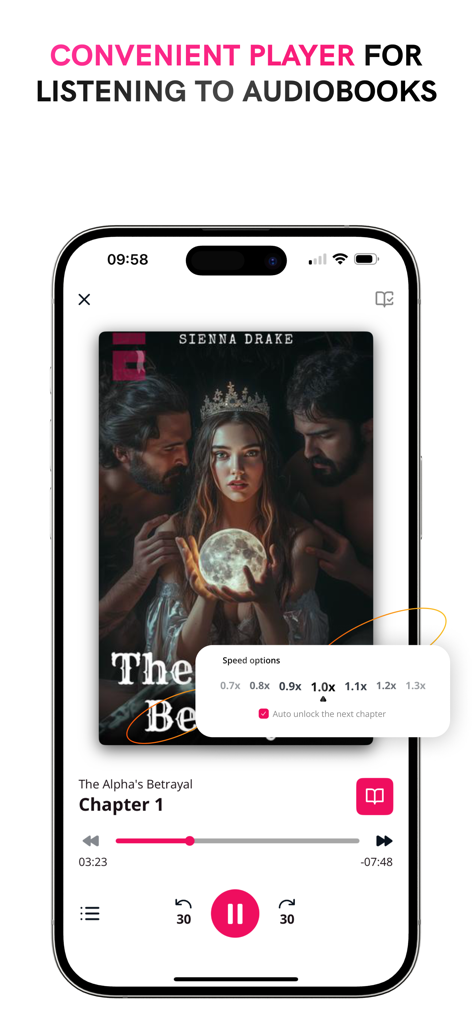 Epicbooks Romantic Novels - Audiobook player interface in the Epicbooks app showing playback and speed controls for a romantic novel