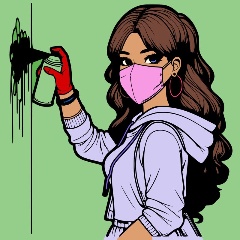 realistic girl with mask spray painting a wall