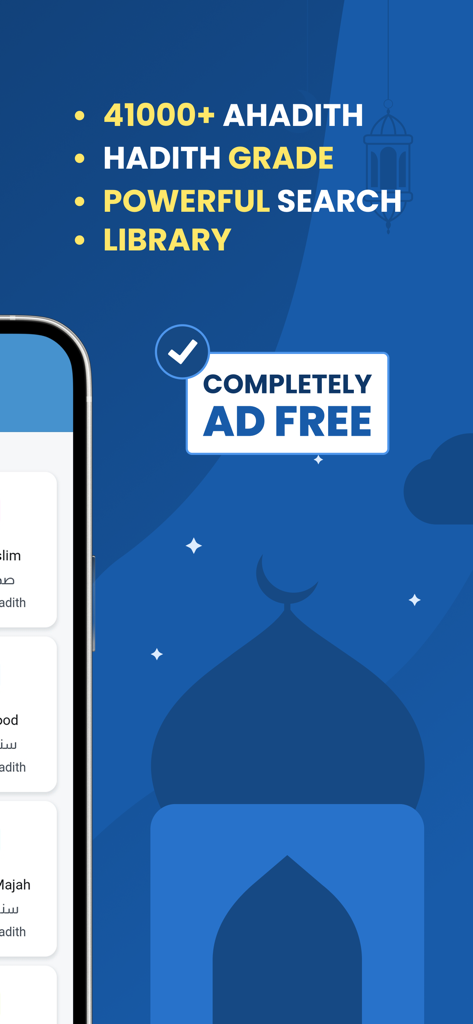 Promotional screenshot of Hadith Collection app highlighting its 41000 ahadith and ad-free experience