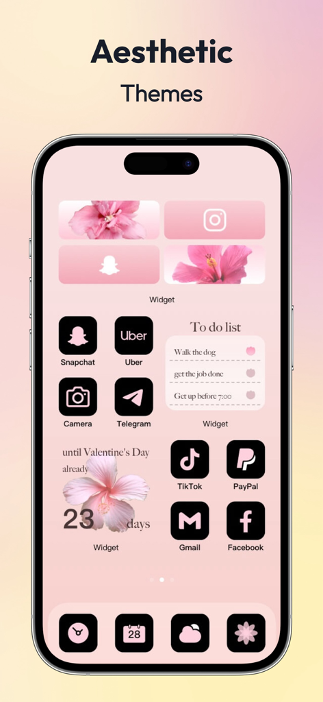 A pink aesthetic iPhone home screen theme featuring custom floral widgets, a to-do list, and stylized black app icons.