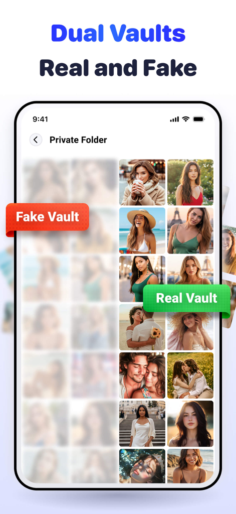 Calculator Lock - Hide Photos - La aplicación Calculator Lock muestra la función de bóveda dual con carpetas de fotos reales y falsas