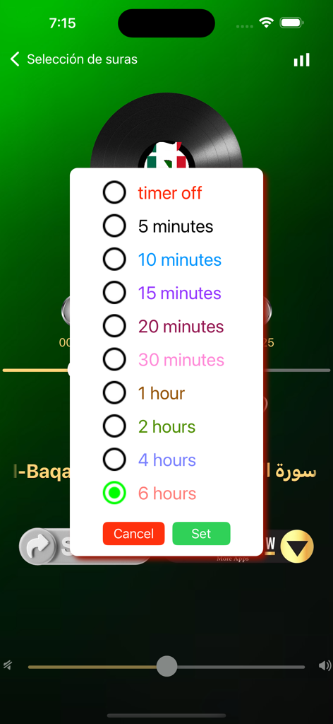 Menú de selección de temporizador de suspensión en la aplicación Corán en Español que muestra opciones de duración desde 5 minutos hasta 6 horas.