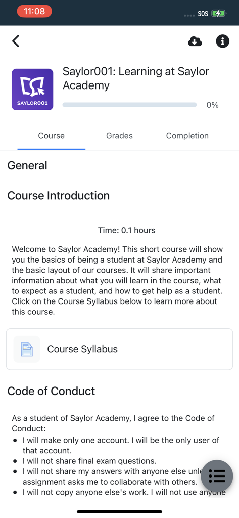 Saylor Academy - Course introduction screen in the Saylor Academy app showing syllabus and code of conduct