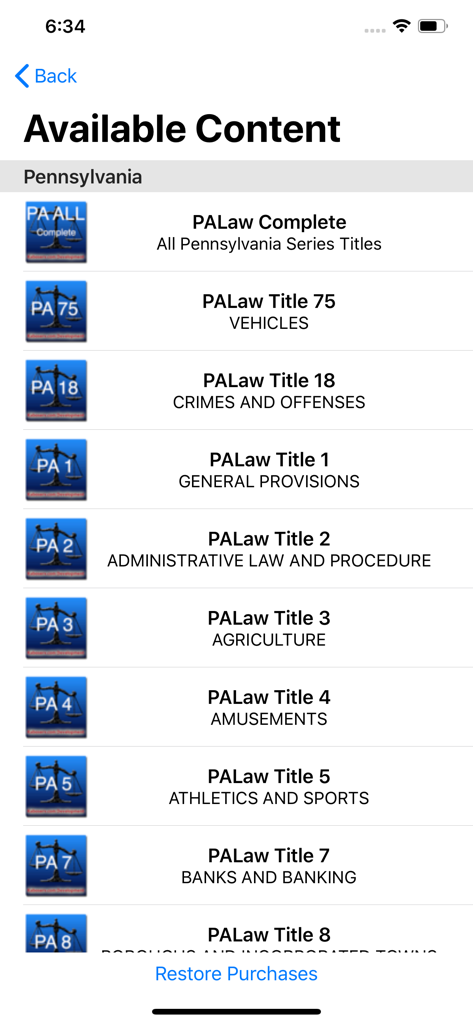 형법 및 자동차법을 포함한 펜실베이니아 주 법률 제목 목록을 보여주는 모바일 앱