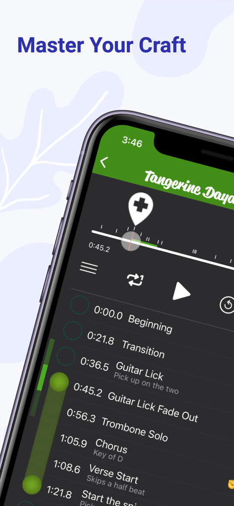 Practice Player - Slow Songs - Mobile app interface showing labeled song sections and timestamps for music practice