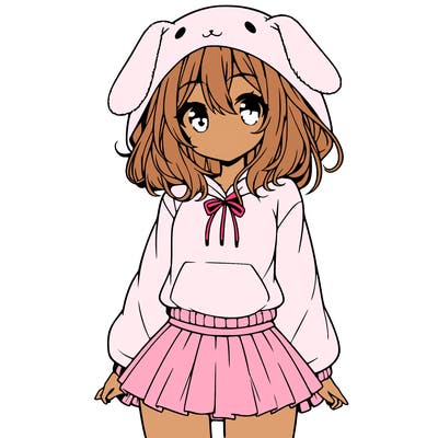 pretty anime girl wearing a fluffy hoodie with bunny ears on the hood and a skirt