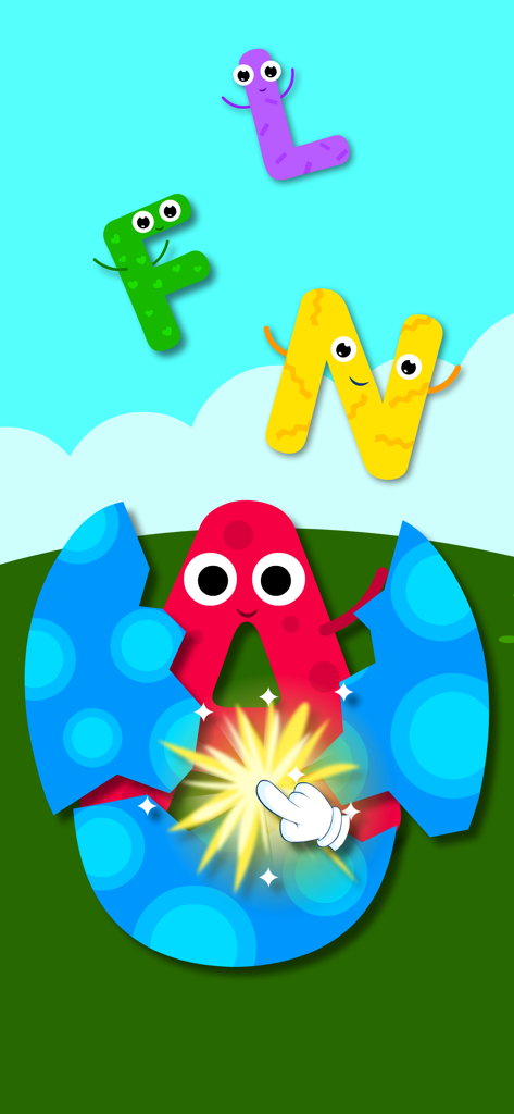 Un gioco interattivo colorato per bambini che mostra la lettera A con occhi che escono da un uovo blu