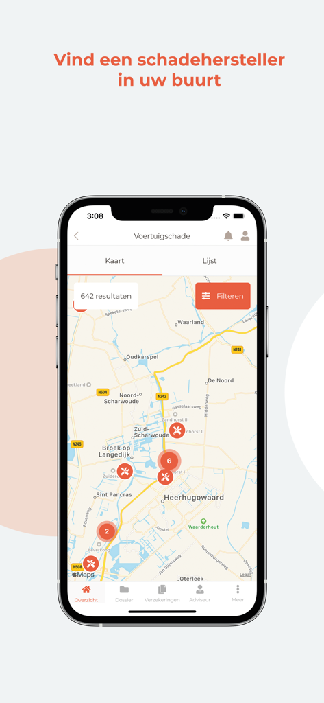 Map view within the insurance app showing locations of nearby damage repair services