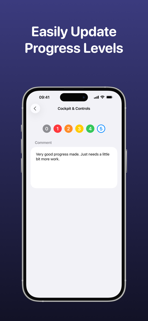 Interfaz de la aplicación Instructor que muestra una escala de progreso codificada por colores de cero a cinco y un campo de comentarios para la retroalimentación del estudiante.