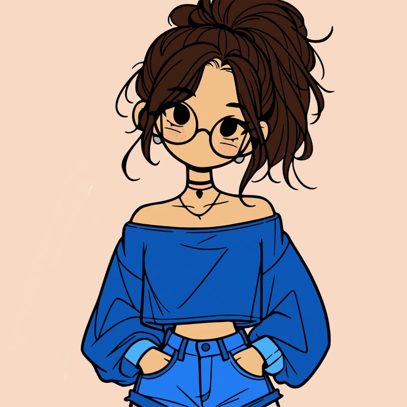 girl with a messy ponytail glasses a baggy crop top and jean shorts