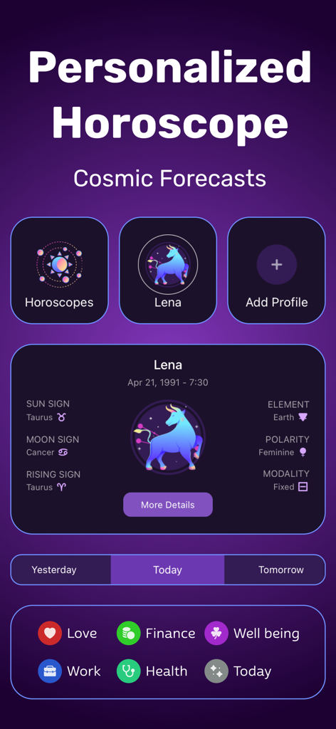 A mobile app screen showing a personalized horoscope dashboard with zodiac sign details and categories for love finance and health