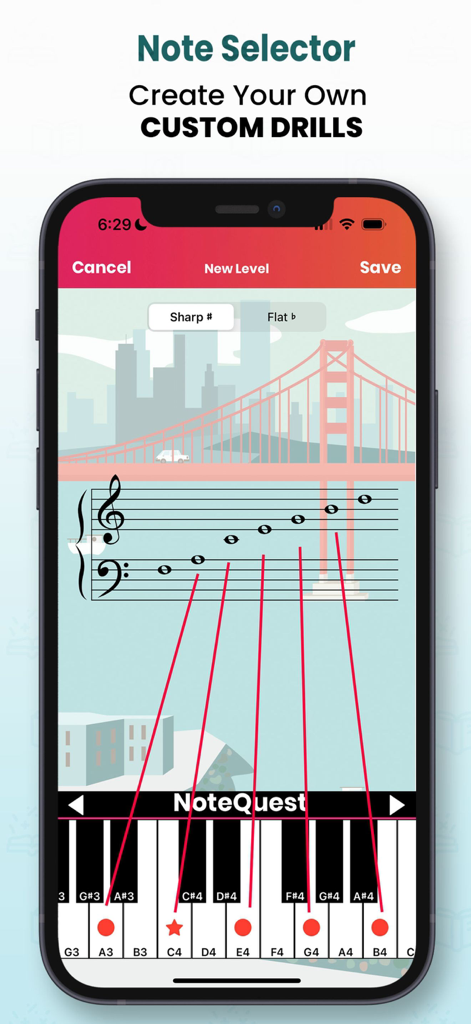Interfaz de selector de notas en la aplicación Note Quest para crear ejercicios personalizados de reconocimiento de notas de piano
