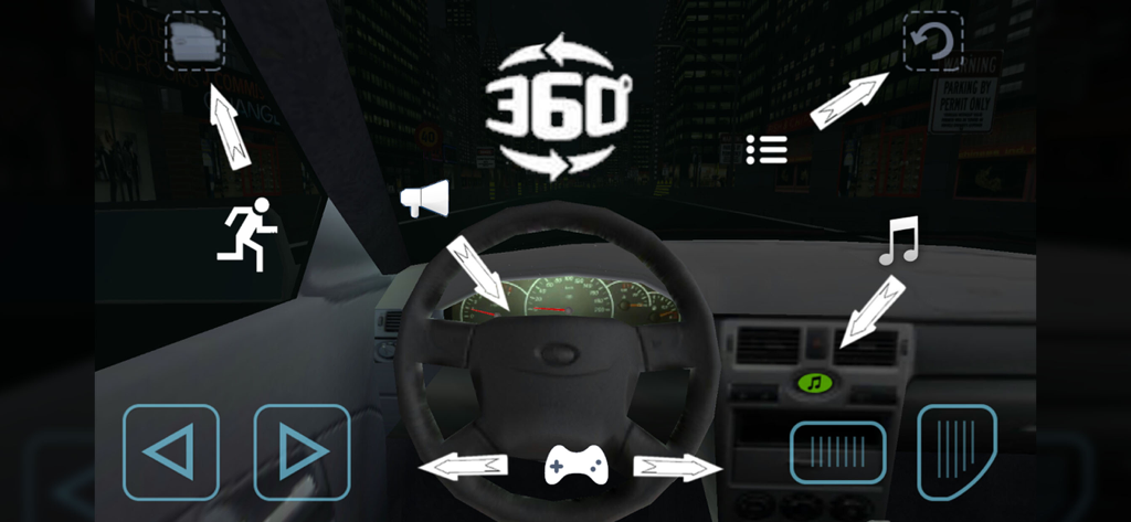 Car Simulator Priorik - First-person gameplay view of the car interior with interactive dashboard elements and 360-degree controls at night
