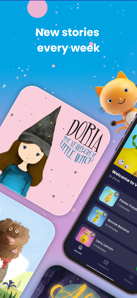 Alma Studio: Listen & Relax - Alma Studio app interface showing a library of children's audio stories including characters like Doria the Witch and Bonnie Banana