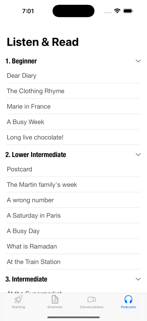 List of French listening lessons organized by beginner and intermediate levels in the app