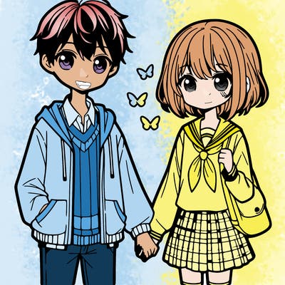 anime (girl and boy holding hands)