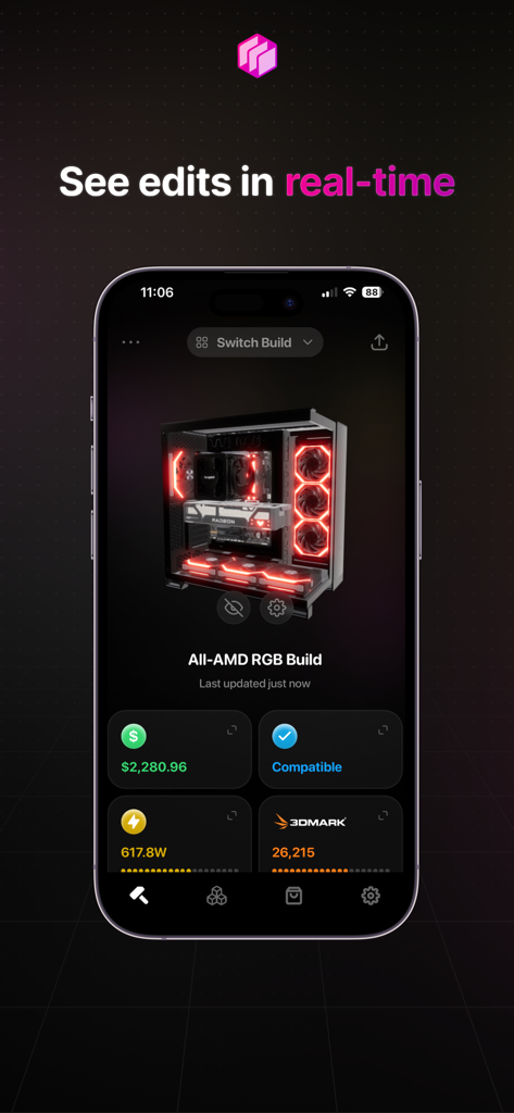 BuildCores: Part Picker for PC - Simulateur 3D de PC BuildCores montrant une configuration de jeu personnalisée avec des statistiques de prix et de compatibilité en temps réel