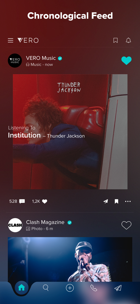 VERO - The chronological feed of the VERO app displaying music and lifestyle content.