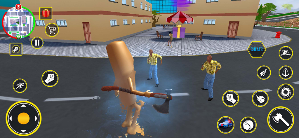 Brainzot City: Open World Fun - A tall brown character wielding an axe in a city street in the game Brainzot City