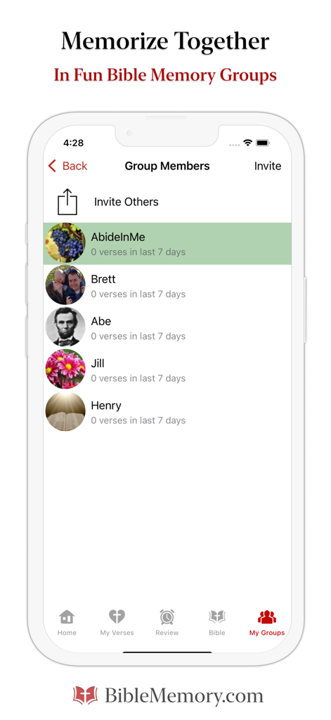 The Bible Memory App - L'app per memorizzare la Bibbia mostra la schermata Membri del gruppo per memorizzare insieme le Scritture.