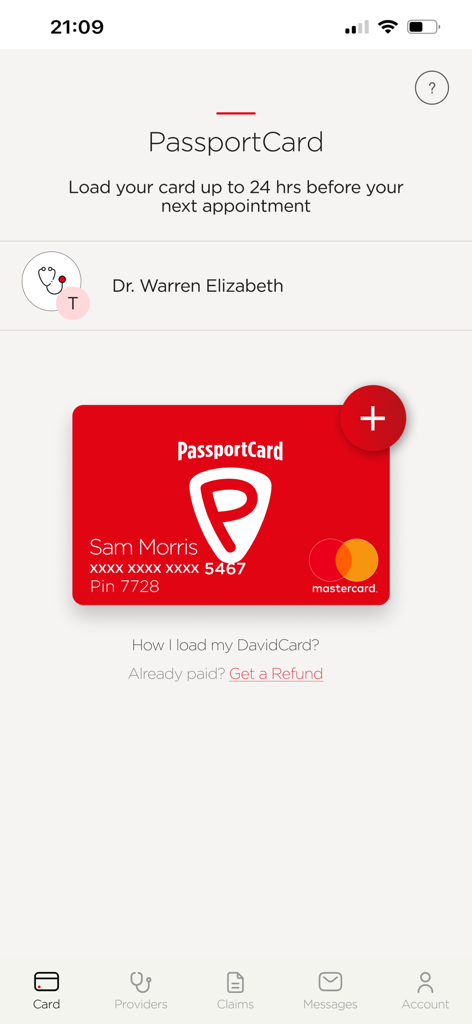 Interface de l'application mobile PassportCard affichant une Mastercard numérique rouge pour payer les services médicaux sans frais à votre charge