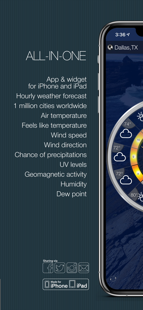 Pantalla de la aplicación Widget Reloj Meteorológico que muestra una lista de funciones que incluyen pronóstico por hora y niveles de UV en un iPhone